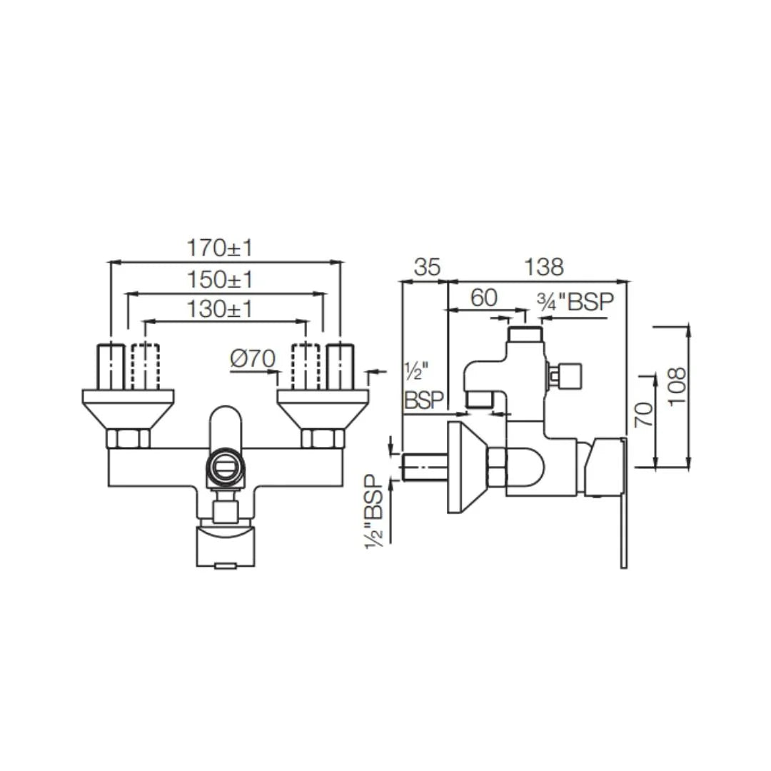 Jaquar 2 Way Wall Mixer Fonte FON-CHR-40145 Normal Flow - Chrome Finish