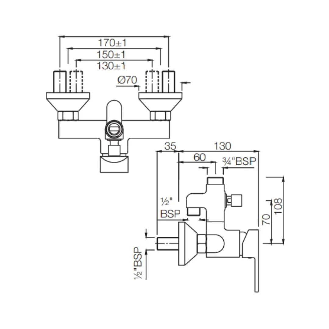 Jaquar 2 Way Wall Mixer Fusion FUS-CHR-29145 Normal Flow - Chrome Finish