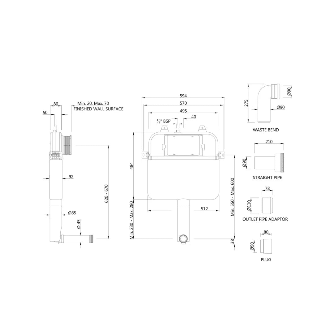 Jaquar Concealed Wall Mounted Cistern Without Frame JCS-WHT-2400S - White