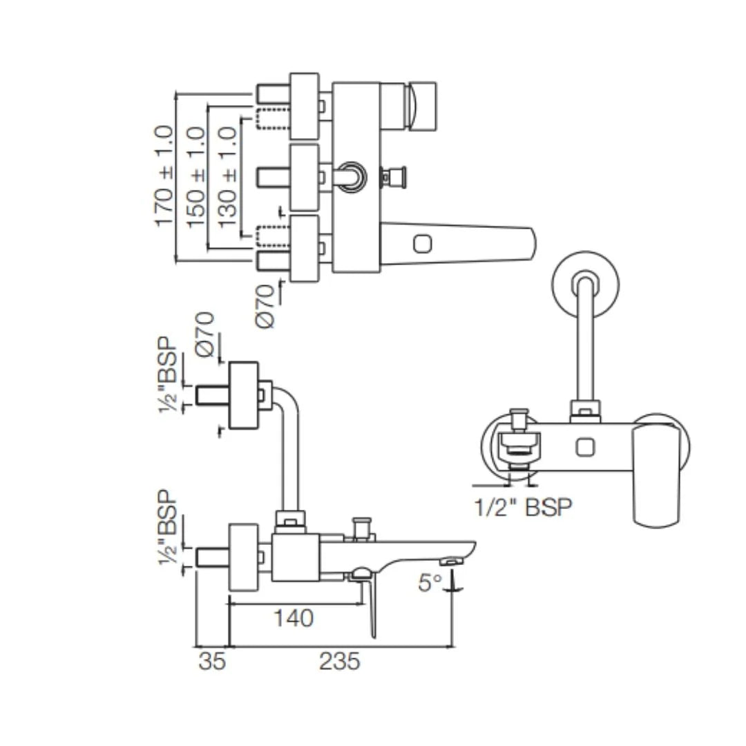 Jaquar 3 Way Wall Mixer Kubix Prime KUP-ABR-35125PM Normal Flow - Antique Bronze Finish