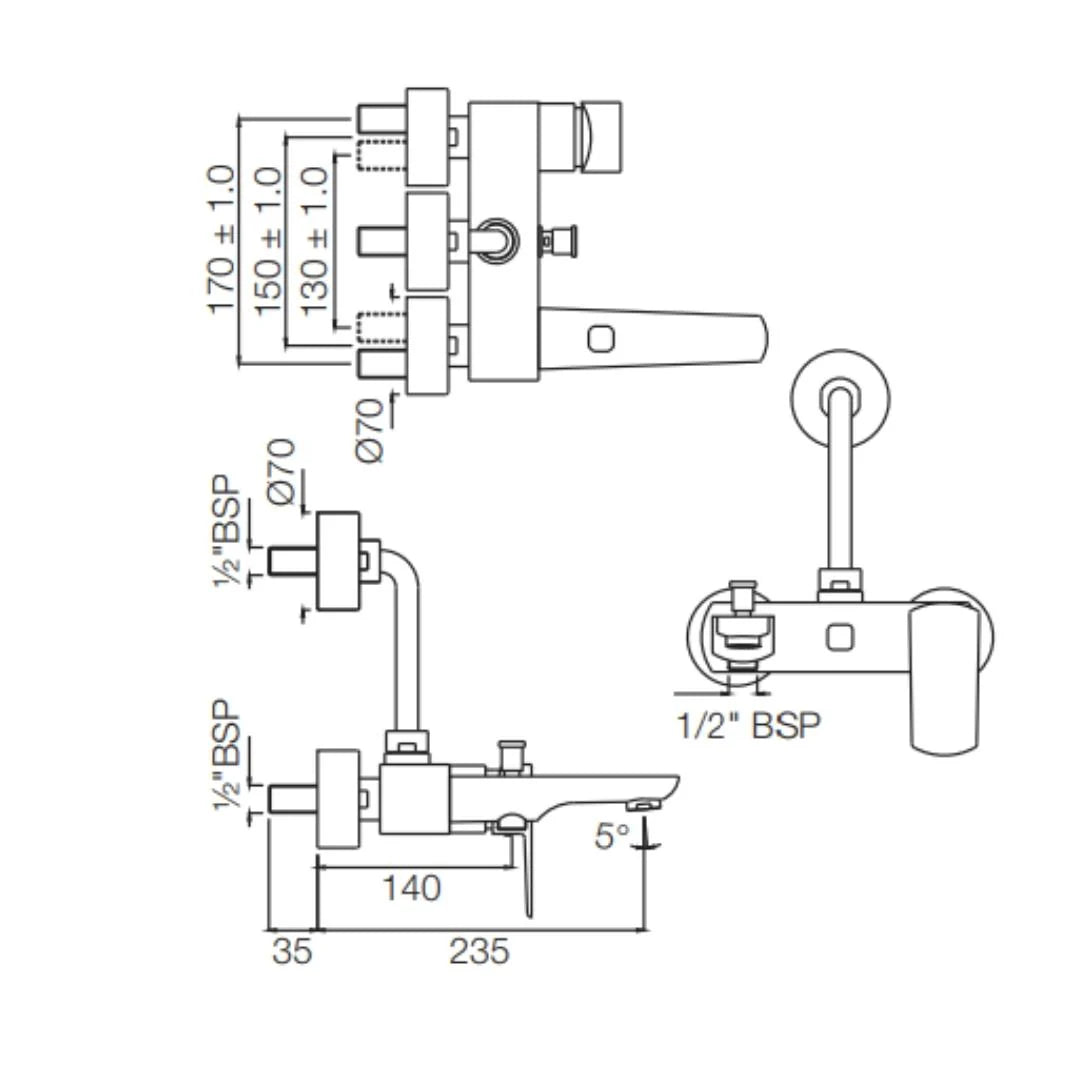 Jaquar 3 Way Wall Mixer Kubix Prime KUP-BCH-35125PM Normal Flow - Black Chrome Finish