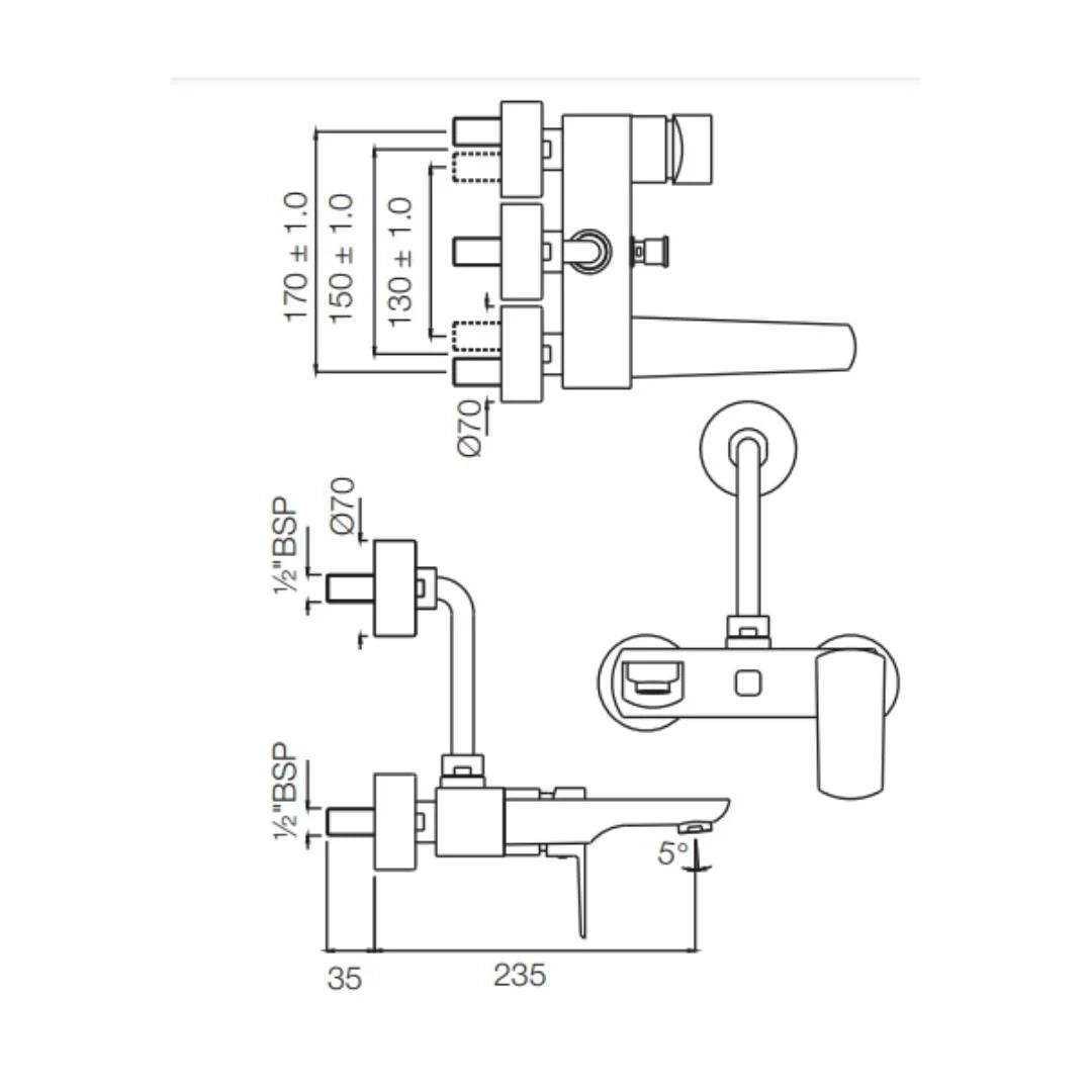 Jaquar 2 Way Wall Mixer Kubix Prime KUP-BLM-35117PM Normal Flow - Black Matt Finish