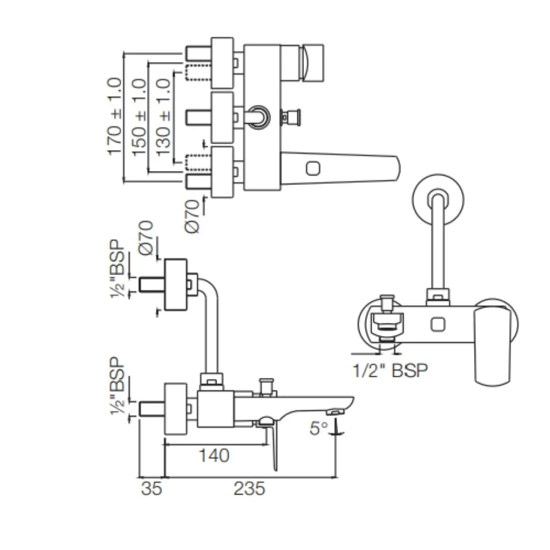 Jaquar 3 Way Wall Mixer Kubix Prime KUP-BLM-35125PM Normal Flow - Black Matt Finish