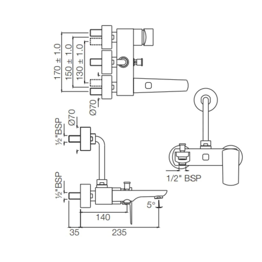 Jaquar 3 Way Wall Mixer Kubix Prime KUP-CHR-35125PM Normal Flow - Chrome Finish