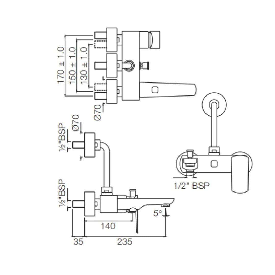Jaquar 3 Way Wall Mixer Kubix Prime KUP-GDS-35125PM Normal Flow - Gold Dust Finish