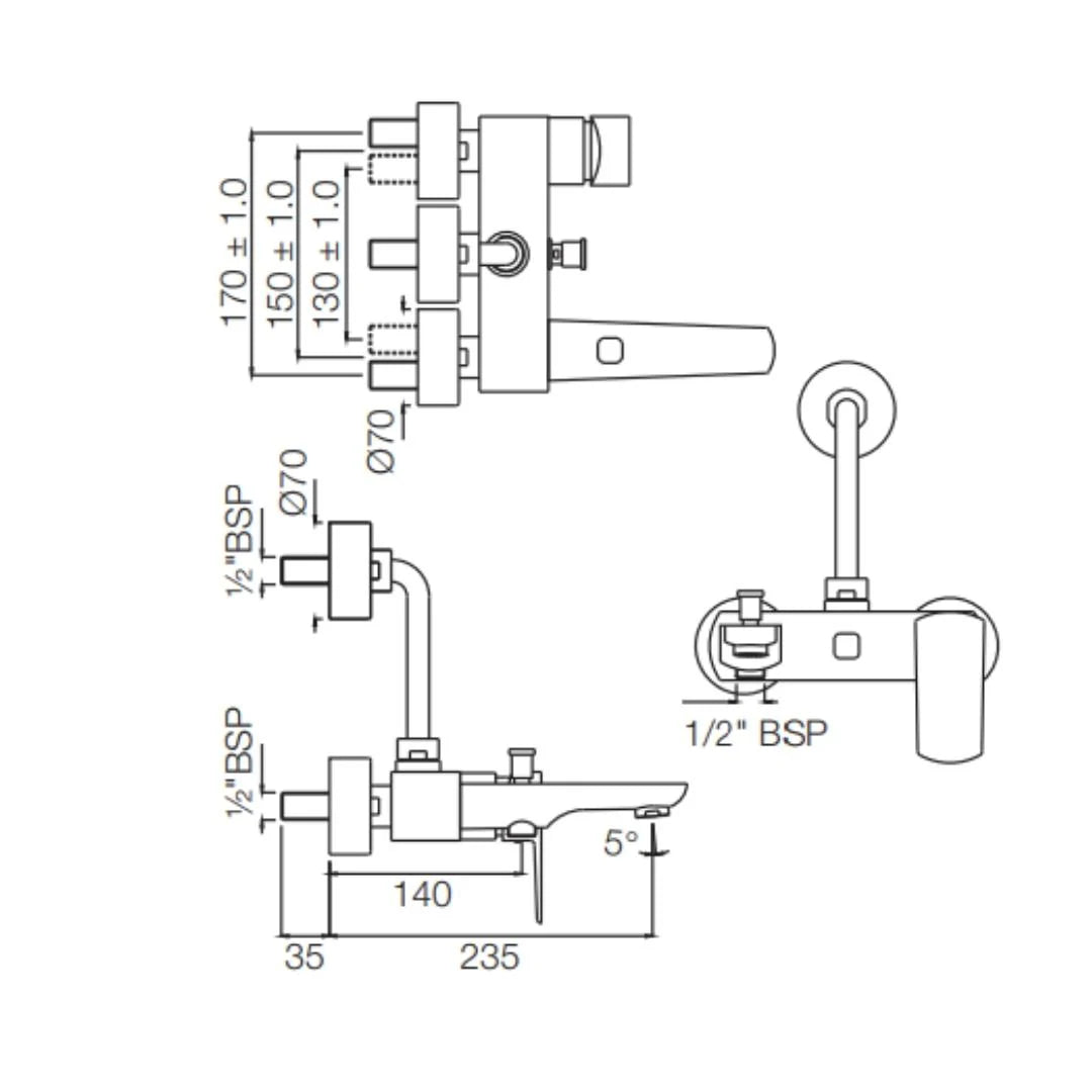 Jaquar 3 Way Wall Mixer Kubix Prime KUP-GMP-35125PM Normal Flow - Gold Matt PVD Finish
