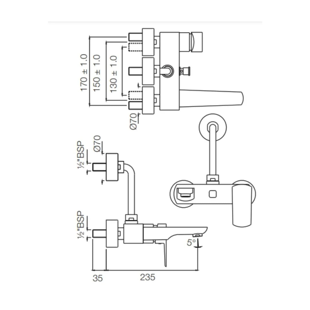 Jaquar 2 Way Wall Mixer Kubix Prime KUP-GRF-35117PM Normal Flow - Graphite Finish