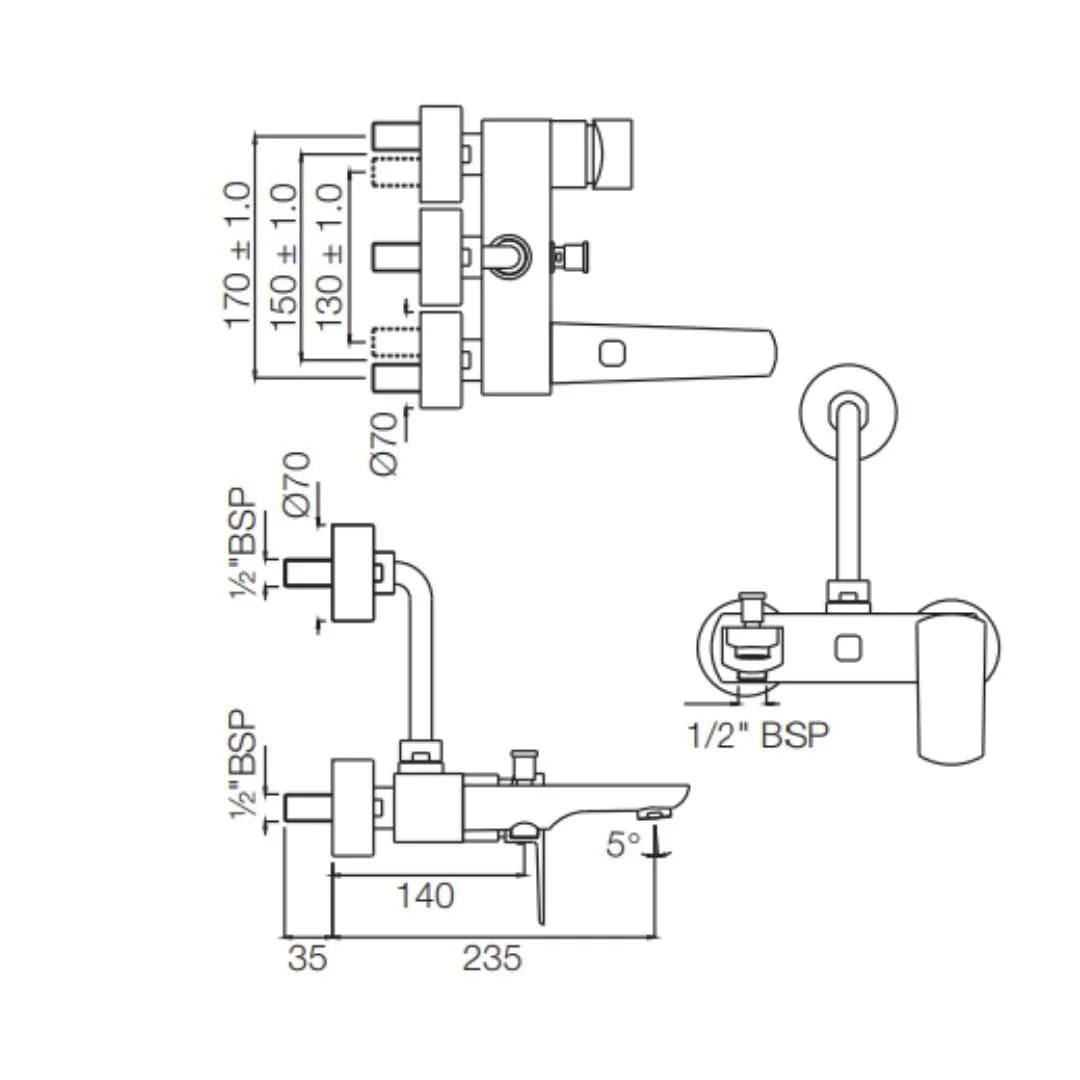 Jaquar 3 Way Wall Mixer Kubix Prime KUP-GRF-35125PM Normal Flow - Graphite Finish