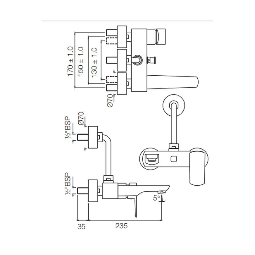 Jaquar 2 Way Wall Mixer Kubix Prime KUP-SSF-35117PM Normal Flow - Stainless Steel Finish