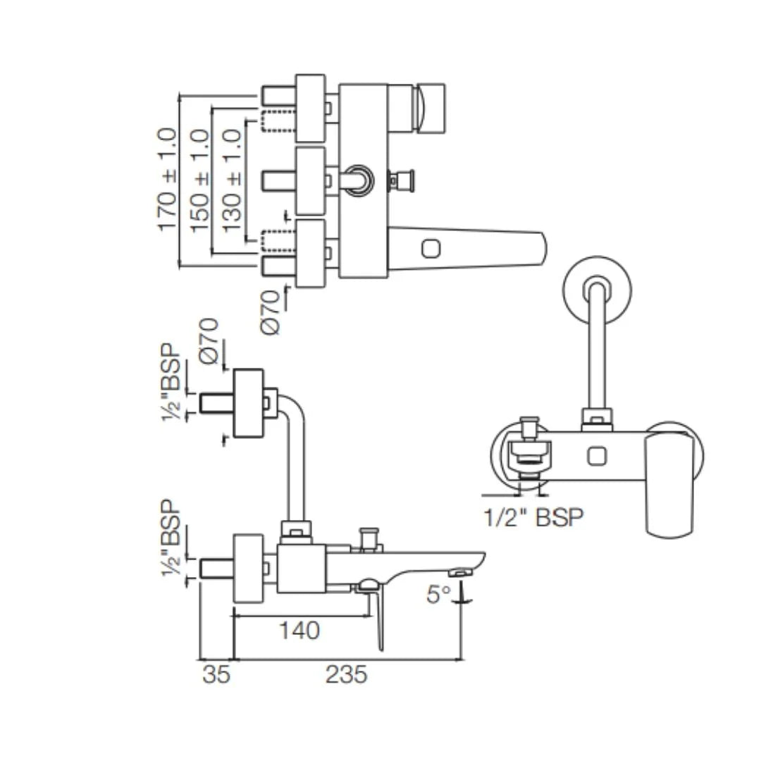 Jaquar 3 Way Wall Mixer Kubix Prime KUP-SSF-35125PM Normal Flow - Stainless Steel Finish