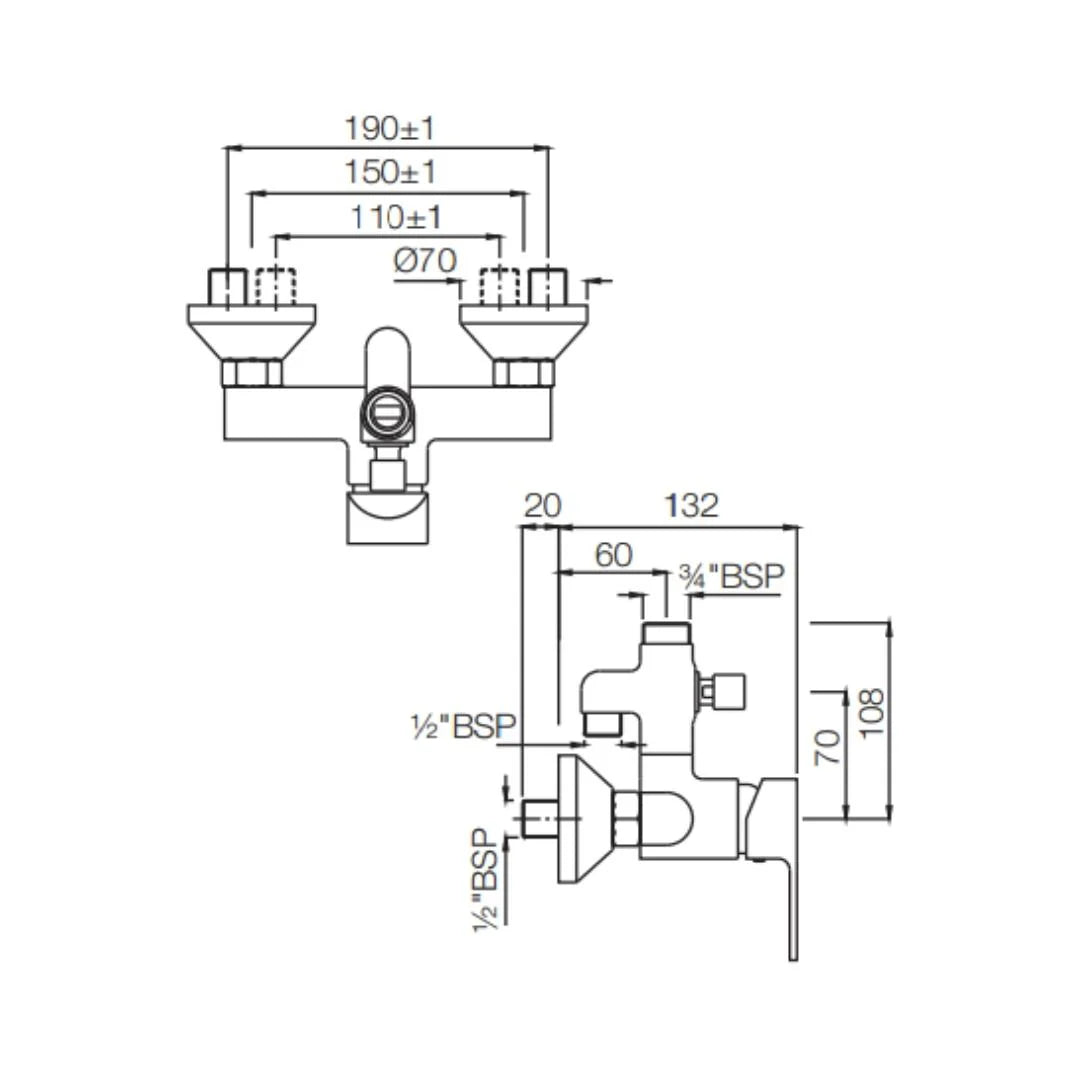 Jaquar 2 Way Wall Mixer Lyric LYR-CHR-38145 Normal Flow - Chrome Finish