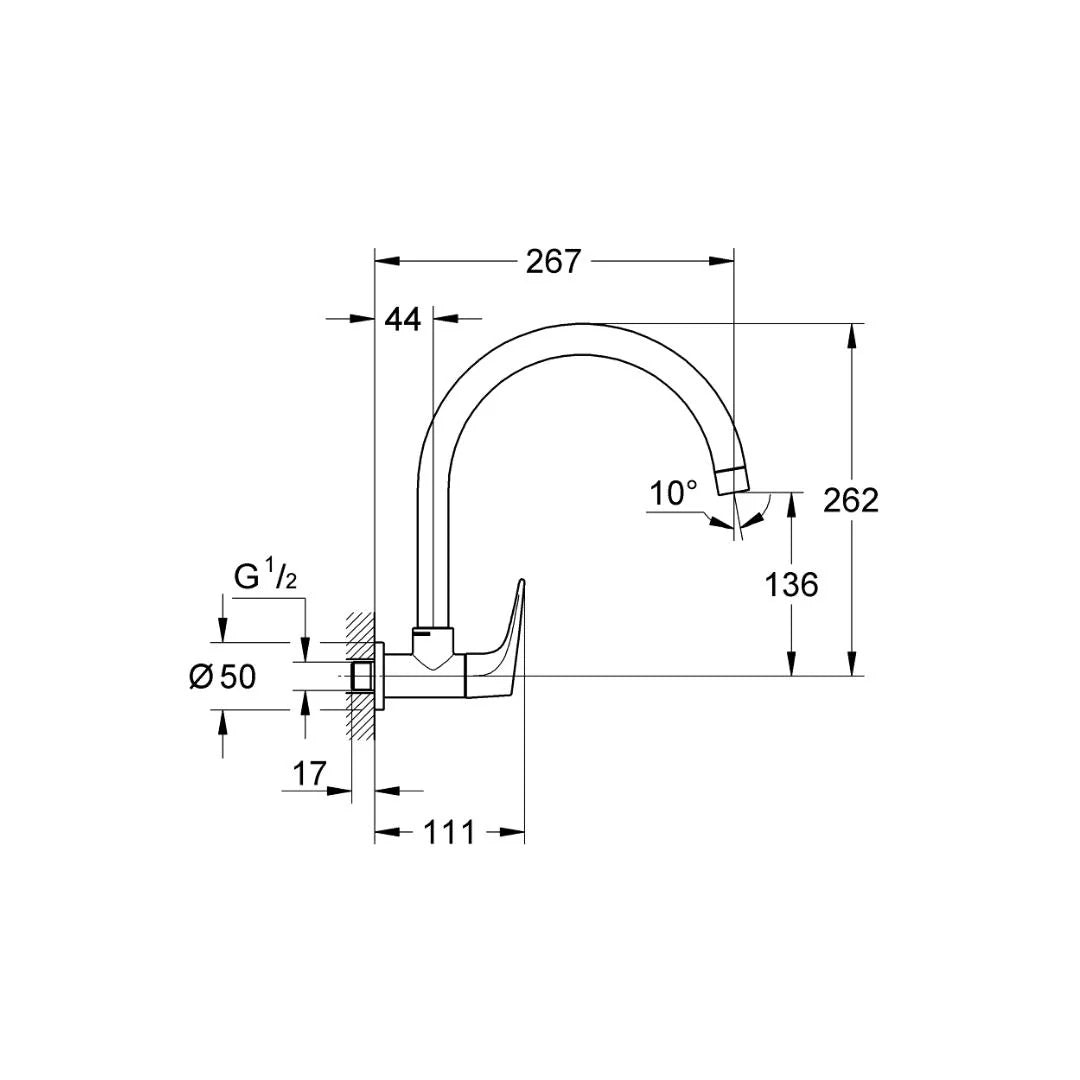 Grohe Wall Mounted Regular Kitchen Sink Tap Bauflow M31225000 with Swinging Spout in Chrome Finish