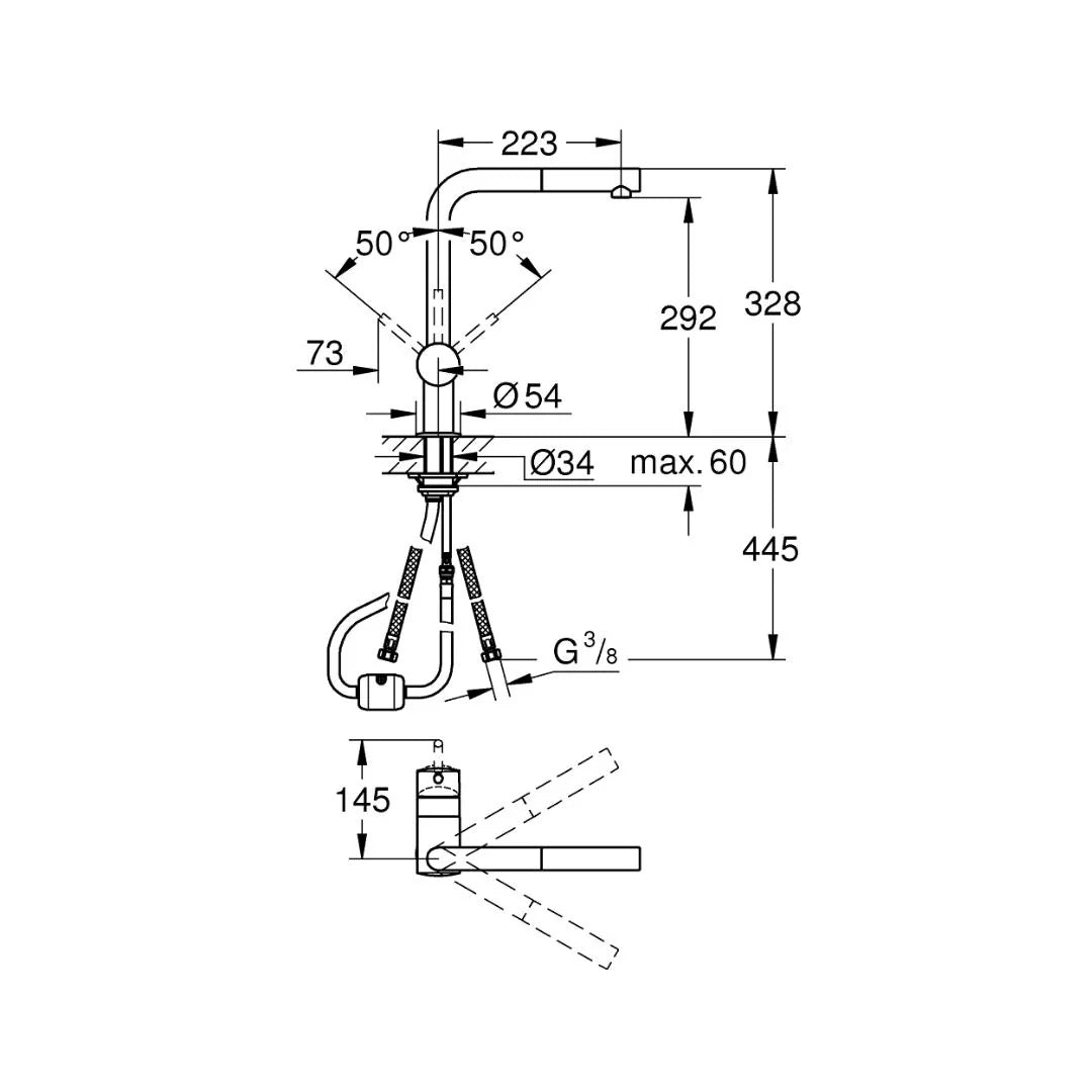 Grohe Table Mounted Pull-Out Kitchen Sink Mixer Minta M32168000 with Extractable Hand Shower Spout in Chrome Finish