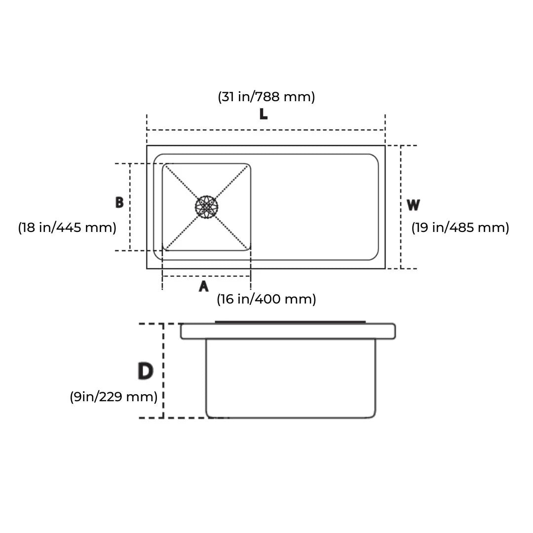 Hindware Stainless Steel Sink Handmade Series SINGLE BOWL WITH DRAIN BOARD MARINO 31 x 19 ( 31 x 19 inches ) - Satin