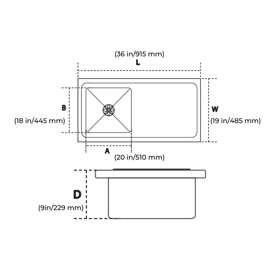 Hindware Stainless Steel Sink Handmade Series SINGLE BOWL WITH DRAIN BOARD MARINO 36 x 19 ( 36 x 19 inches ) - Satin