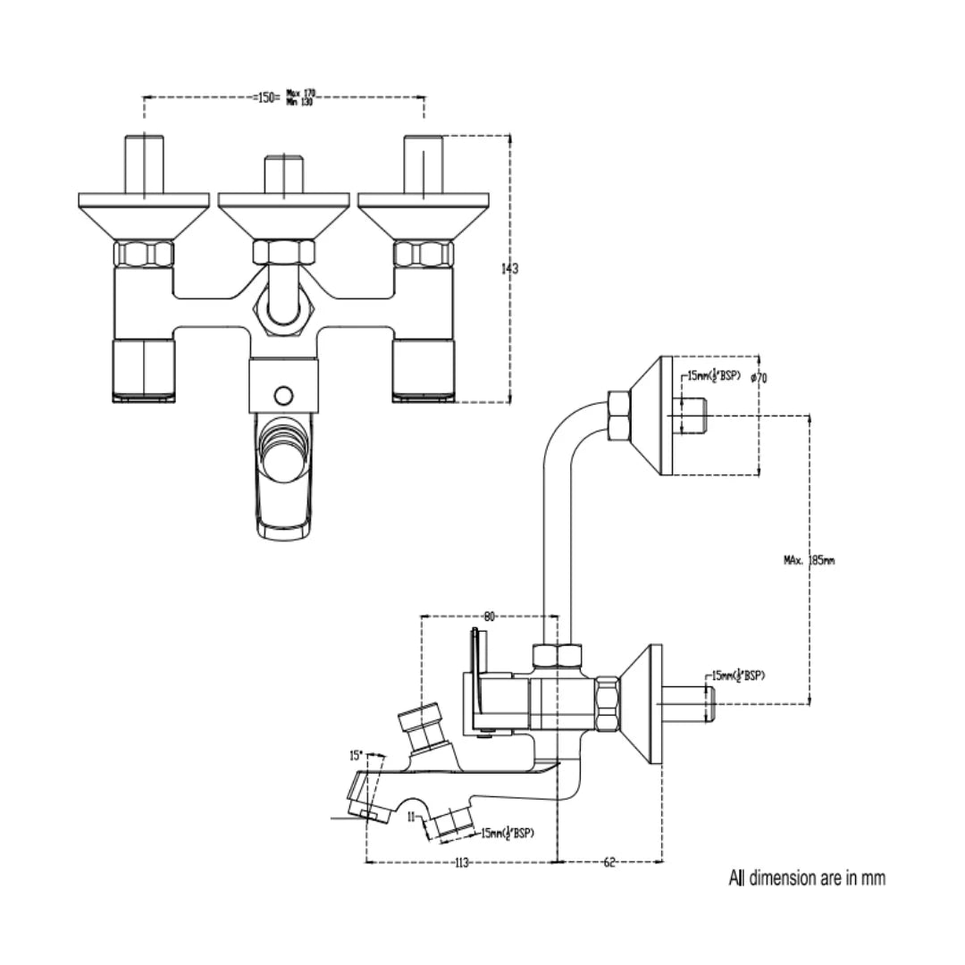 Cera 3 Way Wall Mixer Vine F1020403 - Chrome Finish