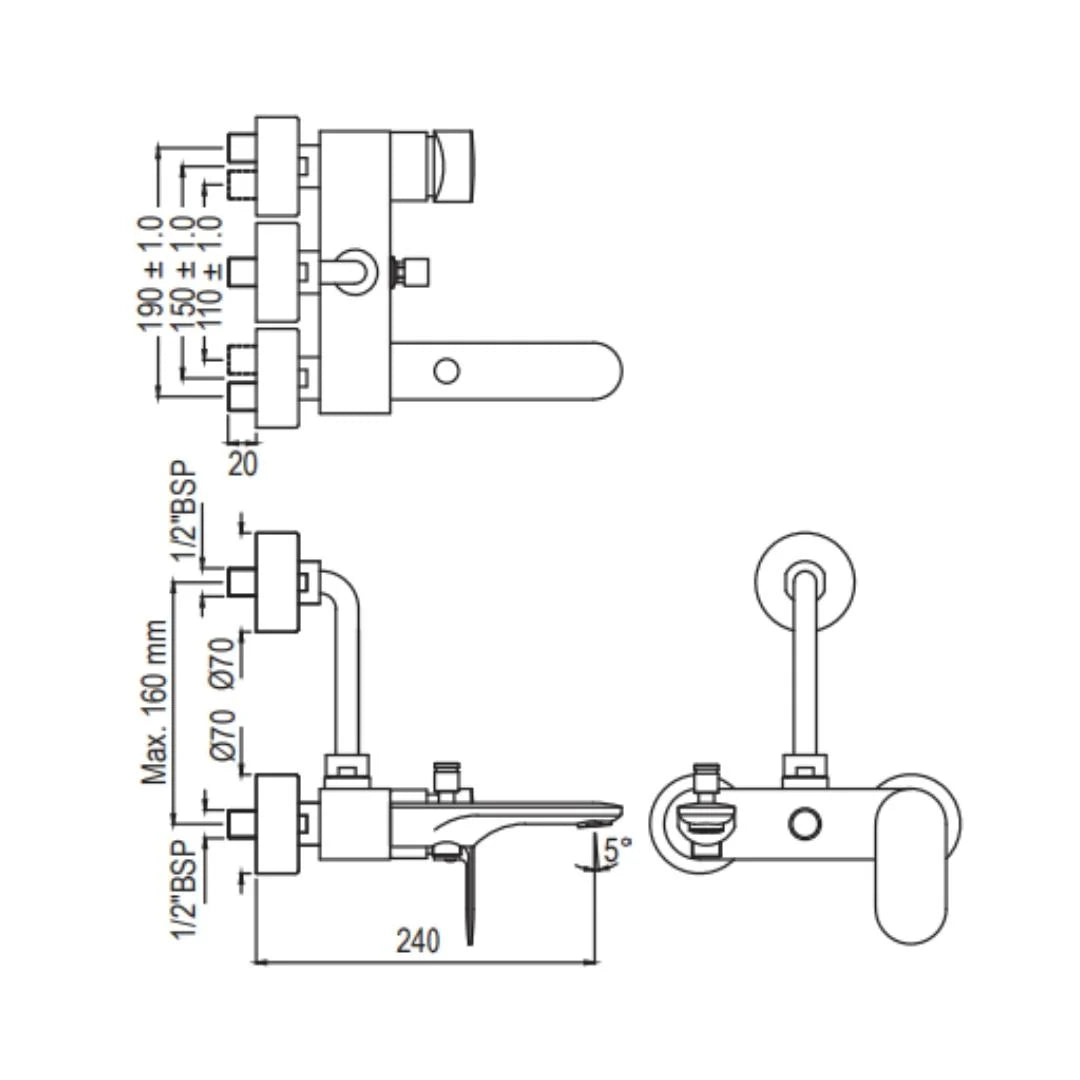 Jaquar 3 Way Wall Mixer Opal Prime OPP-BLM-15125PM Normal Flow - Black Matt Finish