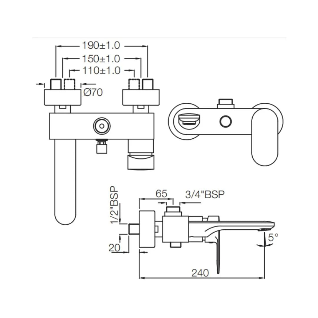 Jaquar 2 Way Wall Mixer Opal Prime OPP-GBP-15115PM Normal Flow - Gold Bright PVD Finish