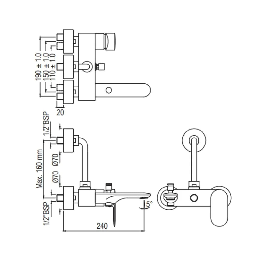 Jaquar 3 Way Wall Mixer Opal Prime OPP-GMP-15125PM Normal Flow - Gold Matt PVD Finish