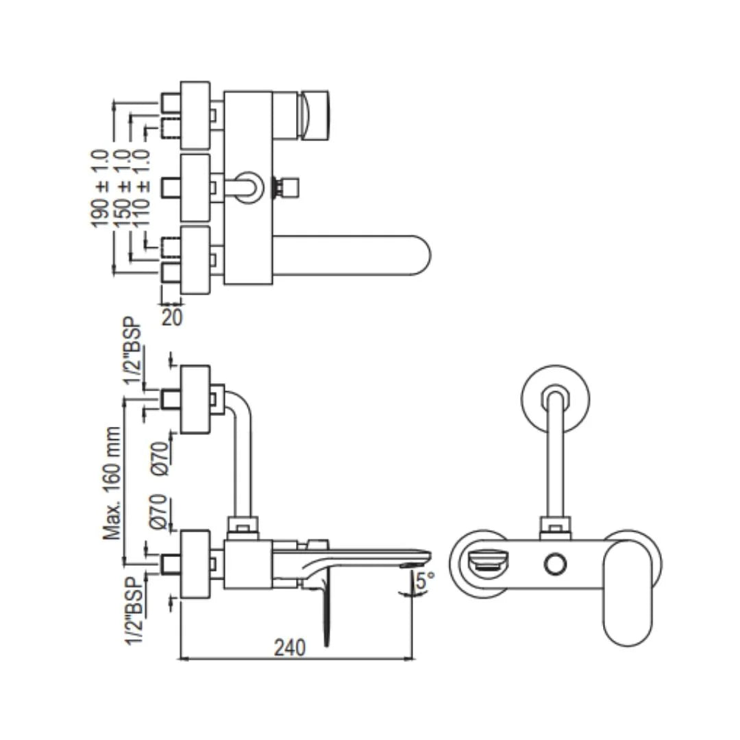 Jaquar 2 Way Wall Mixer Opal Prime OPP-SSF-15117PM Normal Flow - Stainless Steel Finish