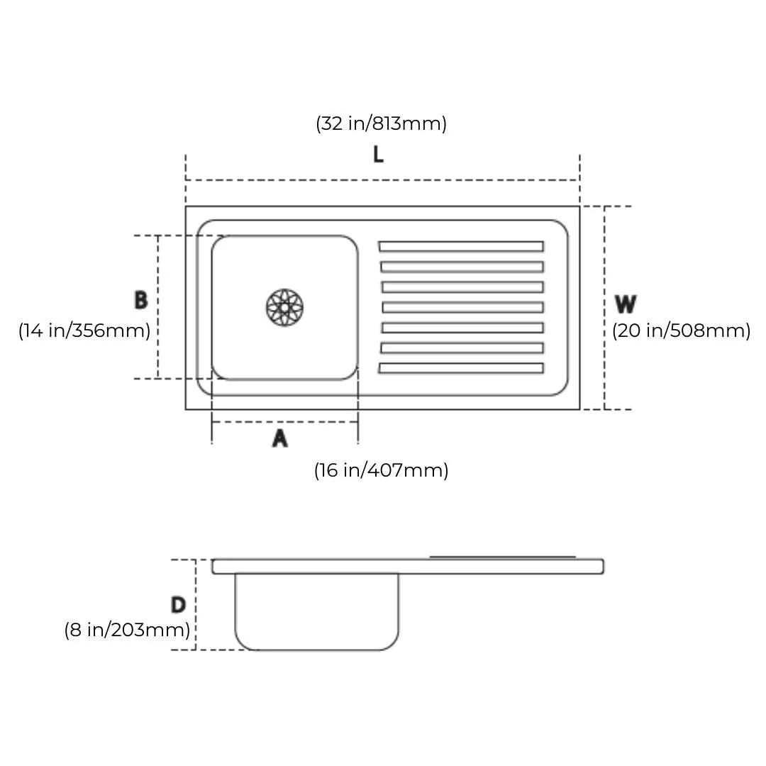 Hindware Stainless Steel Sink Pressed Series SINGLE BOWL WITH DRAINER PLATINO 32 x 20 x 8 ( 32 x 20 inches ) - Glossy