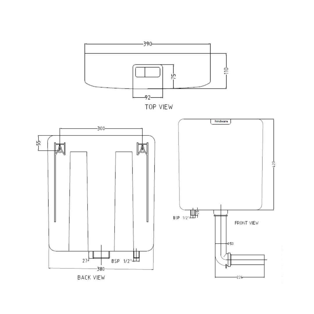 Hindware External Wall Mounted Cistern Without Frame SLENDER - White