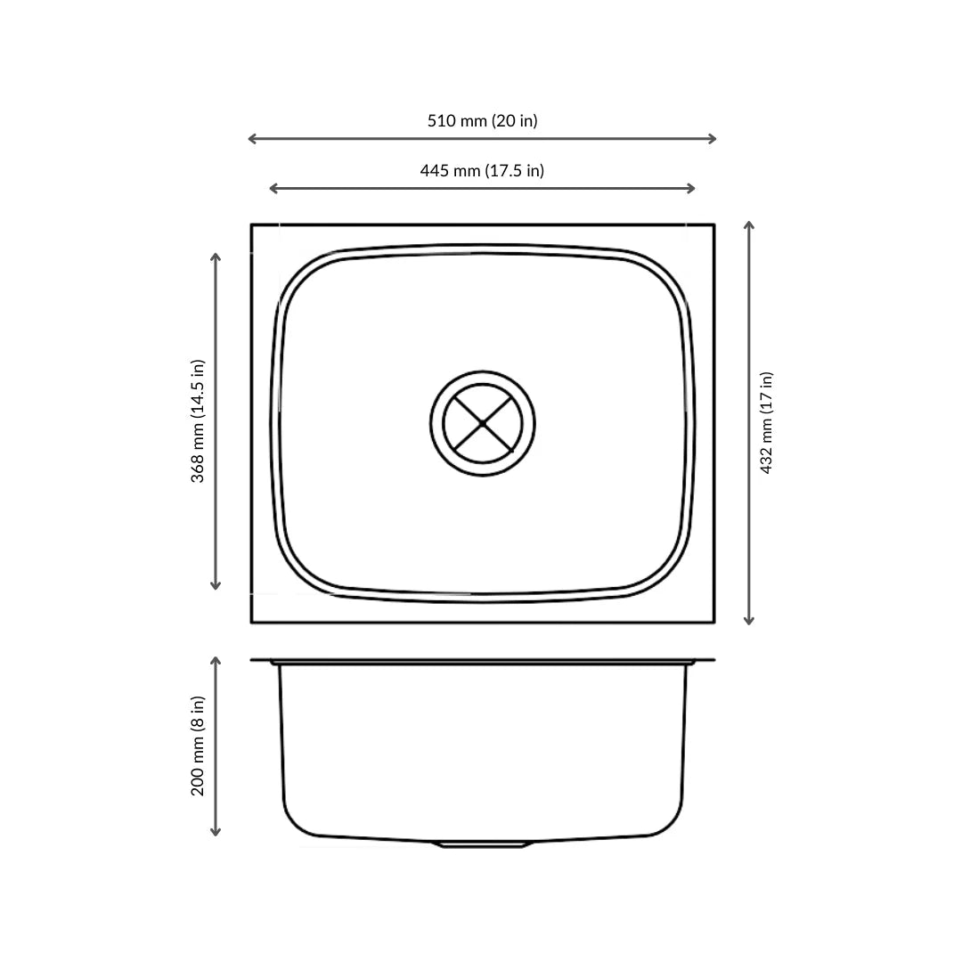 Nirali Stainless Steel Sink Popular Range GRACE PLAIN DELUXE MEDIUM ( 20 x 17 inches ) - Glossy