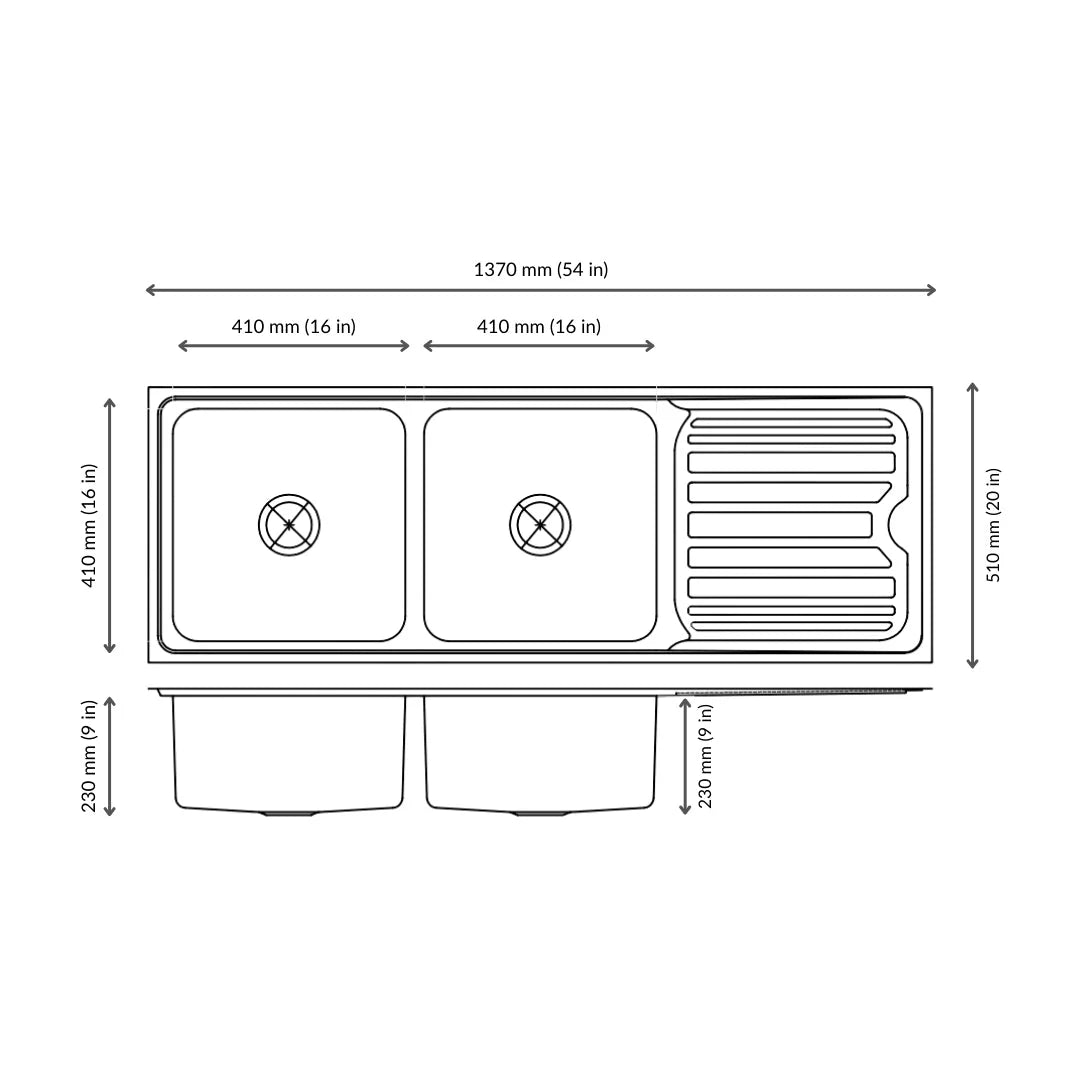 Nirali Stainless Steel Sink Silent Square Range LUXOR SMALL ( 54 x 20 inches ) - Satin