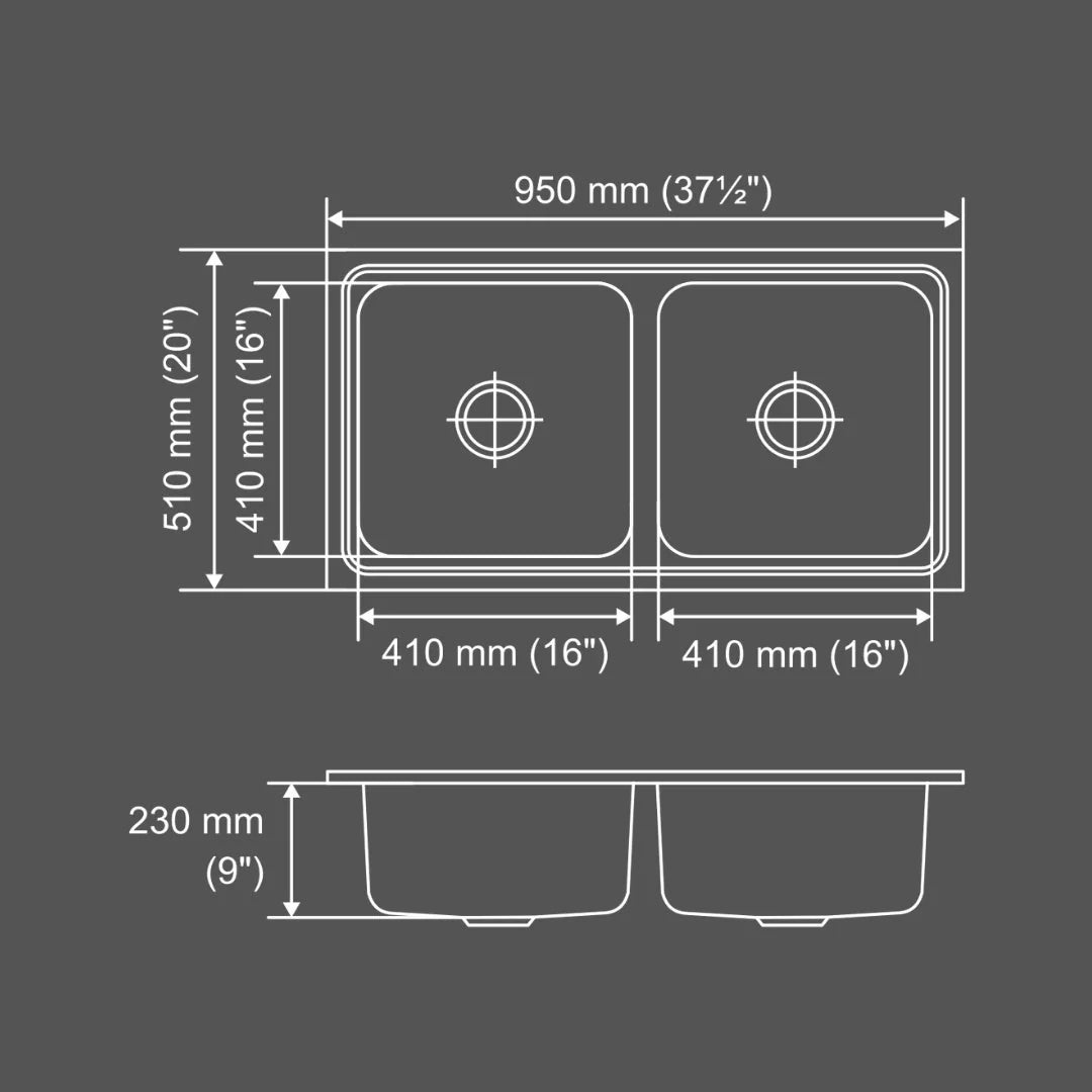 Nirali Stainless Steel Sink Silent Square Range OPAL SMALL ( 37.5 x 20 inches ) - Satin