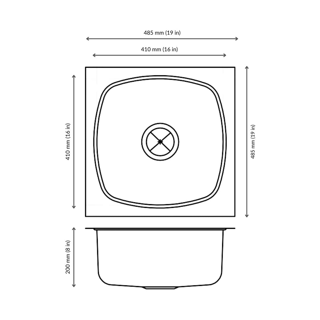 Nirali Stainless Steel Sink Popular Range SQUARE PLAIN DELUXE BIG ( 19 x 19 inches ) - Satin
