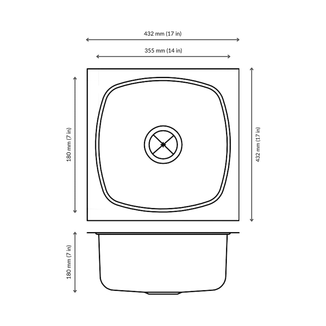 Nirali Stainless Steel Sink Popular Range SQUARE PLAIN DELUXE SMALL ( 17 x 17 inches ) - Satin