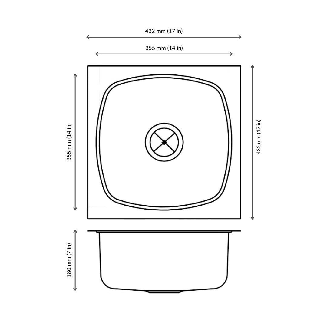 Nirali Stainless Steel Sink Popular Range SQUARE PLAIN SMALL ( 17 x 17 inches ) - Satin