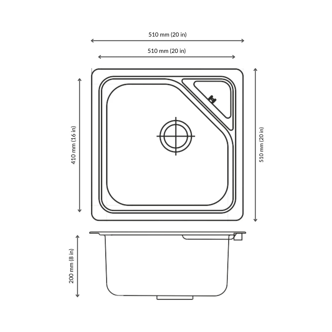 Nirali Stainless Steel Sink D'Signo Range TRION PLAIN ( 20 x 20 inches ) - Glossy