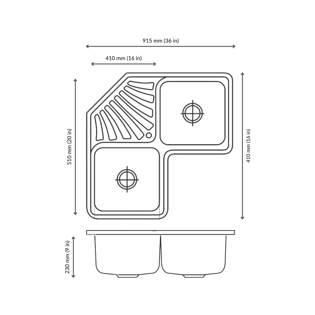 Nirali Stainless Steel Sink D'Signo Range WONDER CORNER ( 36 x 20 inches ) - Glossy