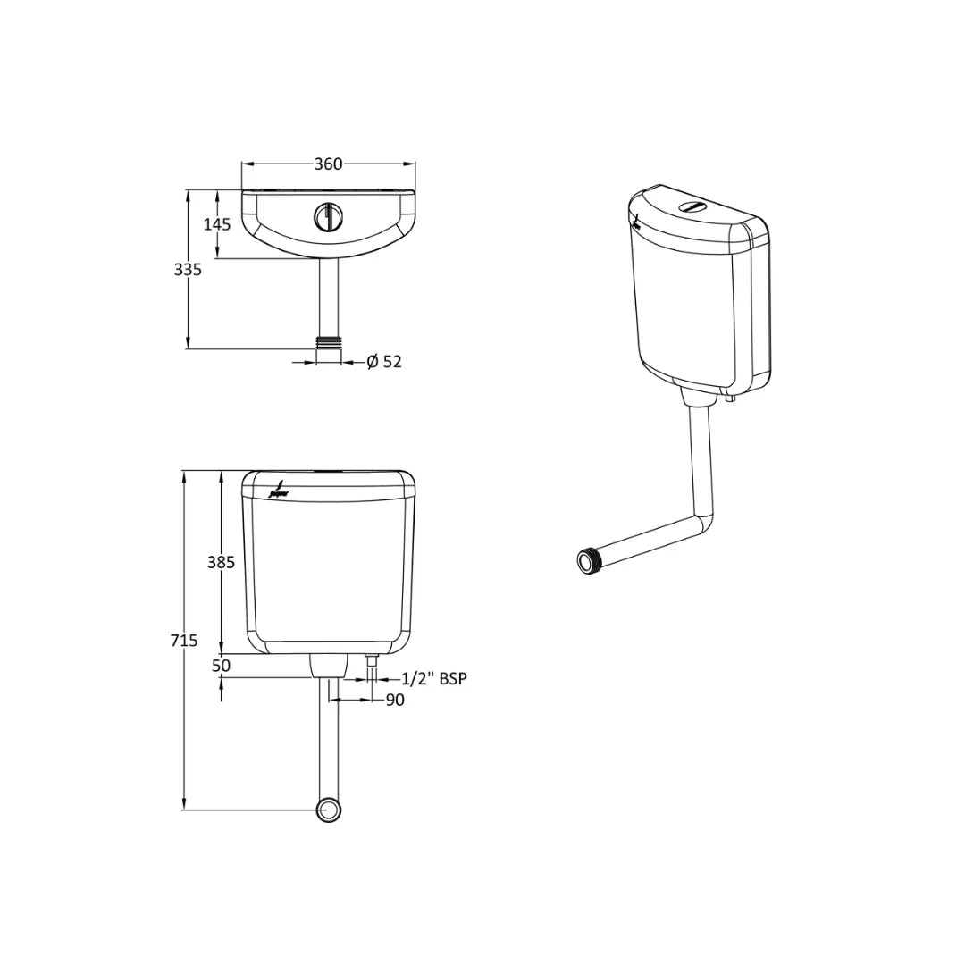 Jaquar External Wall Mounted Cistern Without Frame WHC-WHT-184NBTL - White