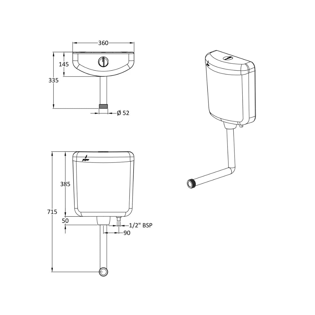Jaquar External Wall Mounted Cistern Without Frame WHC-WHT-184NL - White
